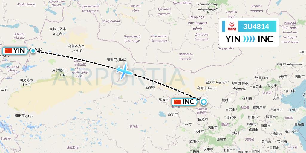 3U4814 Sichuan Airlines Flight Map: Yining to Yinchuan