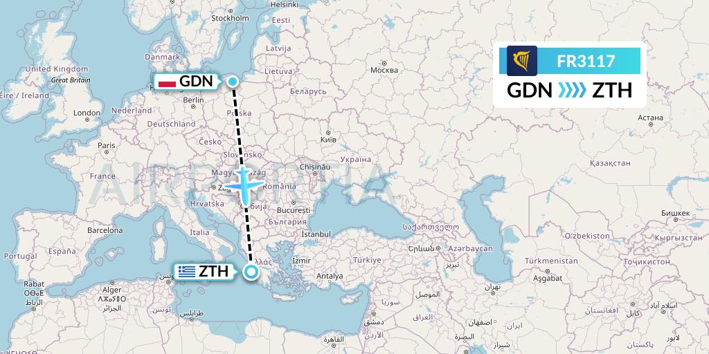 FR3117 Ryanair Flight Map: Gdansk to Zakynthos