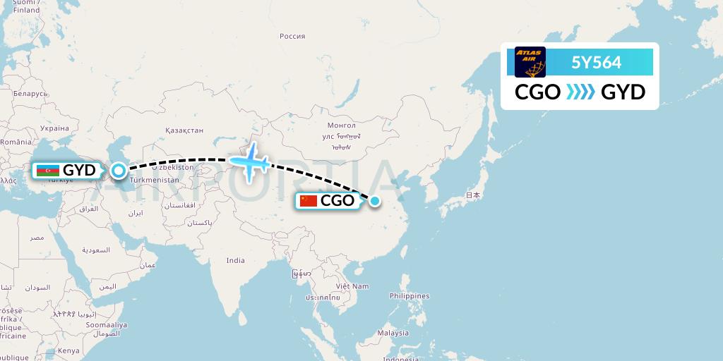 5Y564 Atlas Air Flight Map: Zhengzhou to Baku