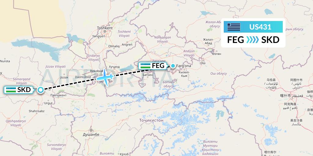 US431 US Airways Flight Map: Fergana to Samarkand