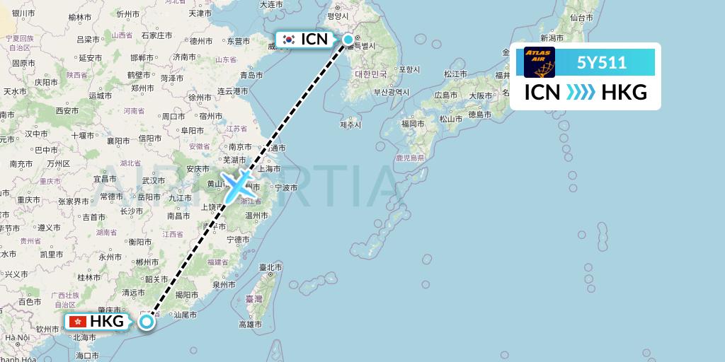 5Y511 Atlas Air Flight Map: Seoul to Hong Kong