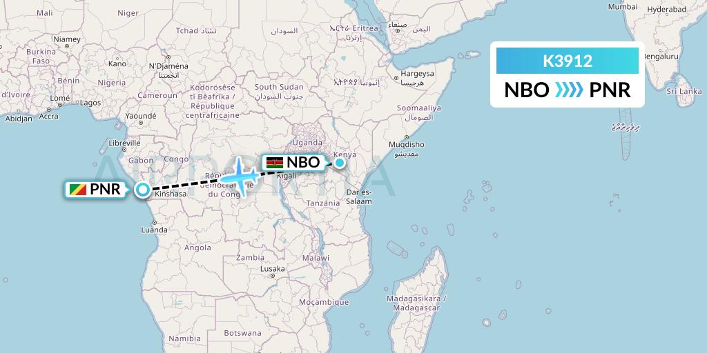 K3912 Taquan Air Flight Map: Nairobi to Pointe Noire