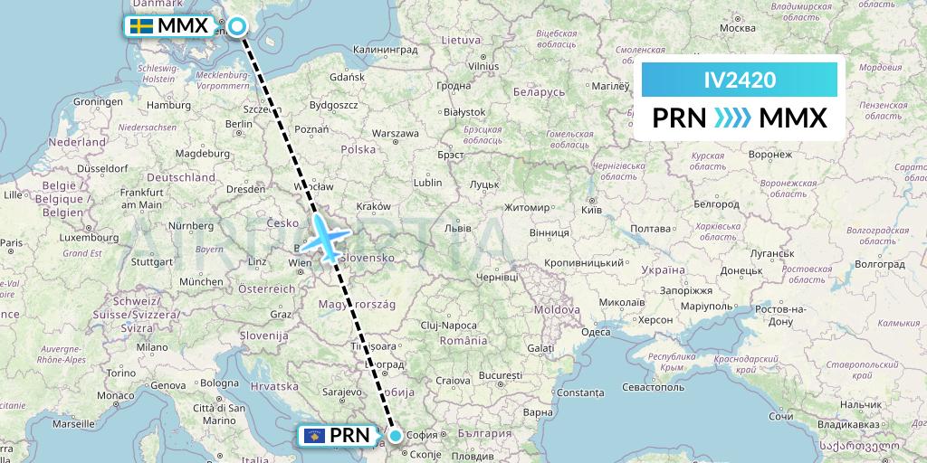 IV2420 VVB Aviation Malta Flight Map: Pristina to Malmo