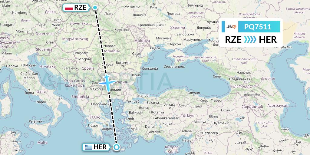 PQ7511 SkyUp Airlines Flight Map: Rzeszow to Heraklion