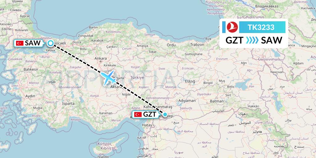 TK3233 Turkish Airlines Flight Map: Gaziantep to Istanbul