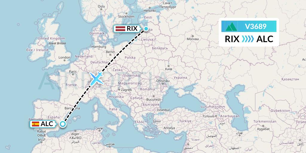 V3689 Carpatair Flight Map: Riga to Alicante