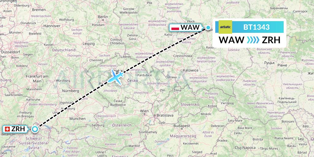 BT1343 Air Baltic Flight Map: Warsaw to Zurich