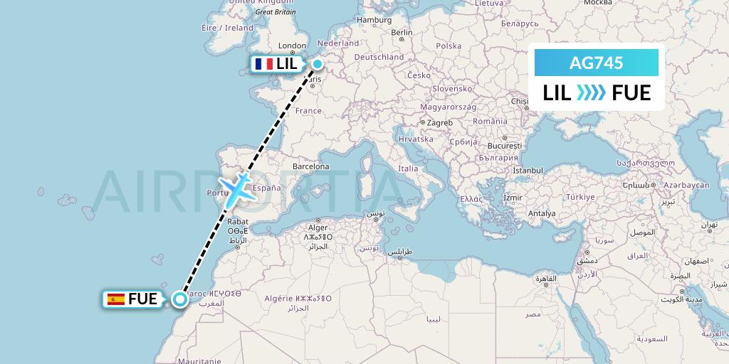 AG745 Aruba Airlines Flight Map: Lille to Fuerteventura