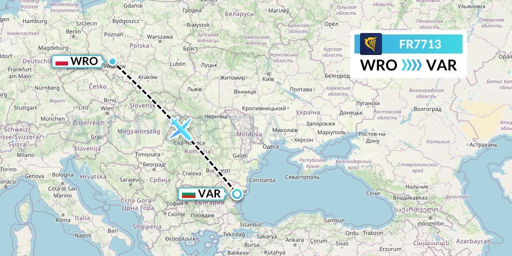 FR7713 Ryanair Flight Map: Wroclaw to Varna