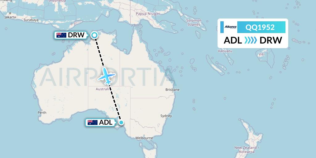 QQ1952 Alliance Airlines Flight Map: Adelaide to Darwin