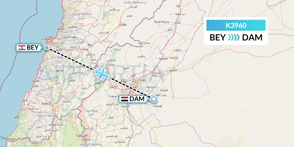 K3960 Taquan Air Flight Map: Beirut to Damascus