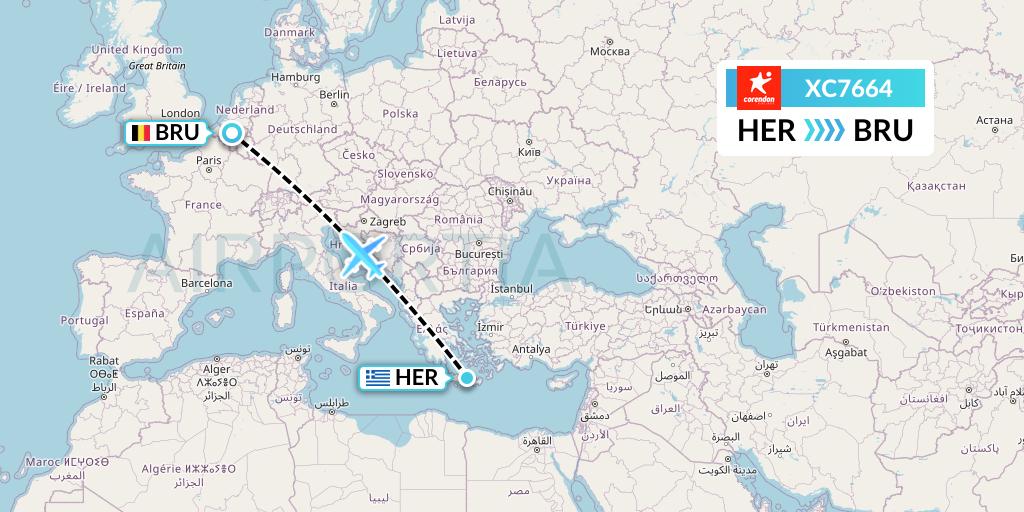 XC7664 Corendon Airlines Flight Map: Heraklion to Brussels