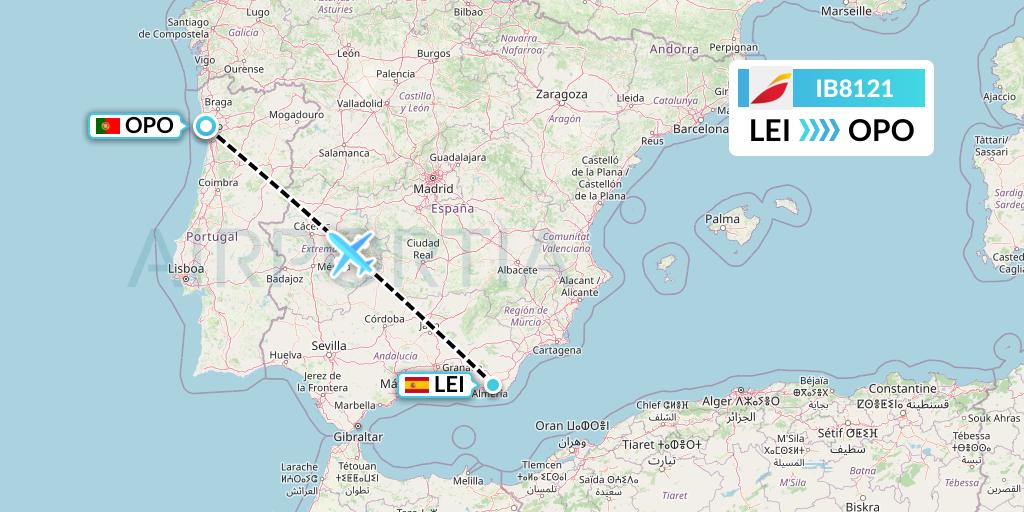 IB8121 Iberia Flight Map: Almeria to Porto