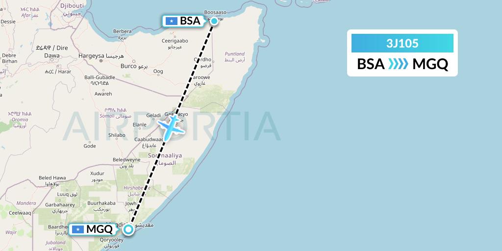 3J105 Jubba Airways Flight Map: Bosaso to Mogadishu