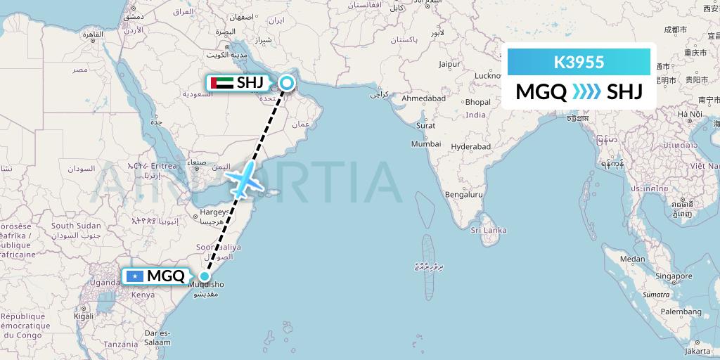 K3955 Taquan Air Flight Map: Mogadishu to Sharjah