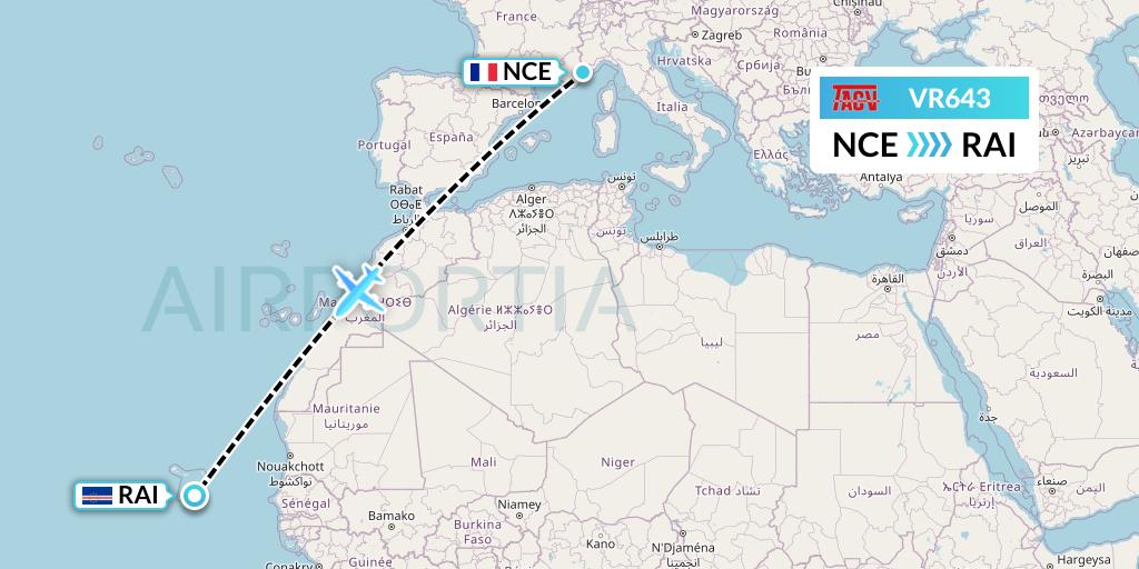 VR643 TACV Cape Verde Airlines Flight Map: Nice to Praia