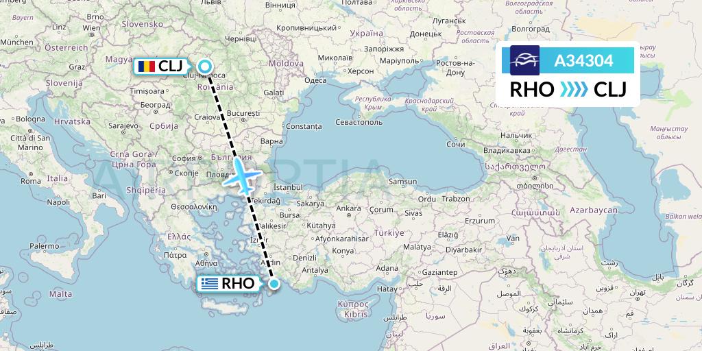 A34304 Aegean Airlines Flight Map: Rhodes to Cluj-Napoca