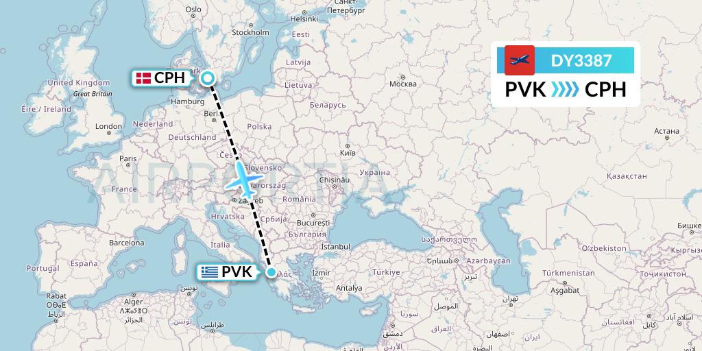 DY3387 Norwegian Flight Map: Preveza to Copenhagen