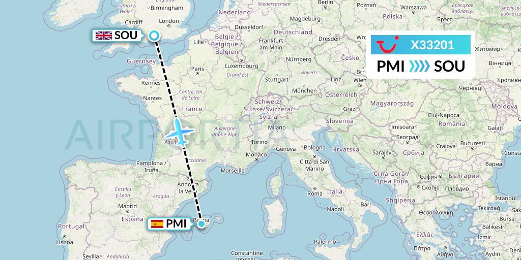 X33201 TUI fly Germany Flight Map: Palma de Mallorca to Southampton