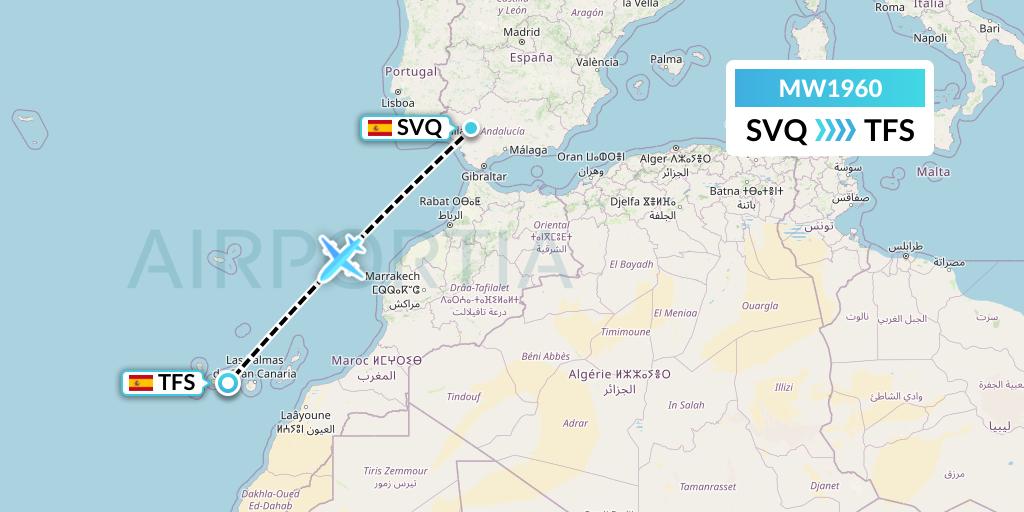MW1960 Mokulele Flight Service Flight Map: Seville to Tenerife