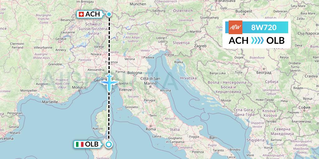 8W720 Fly AllWays Flight Map: St. Gallen to Olbia