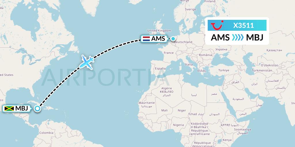 X3511 TUI fly Germany Flight Map: Amsterdam to Montego Bay