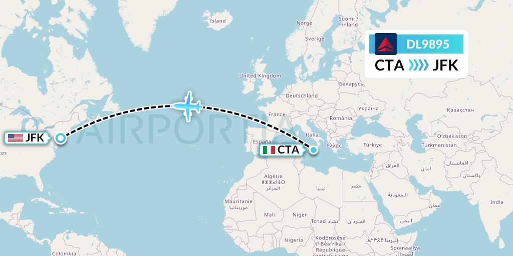 DL9895 Delta Air Lines Flight Map: Catania to New York