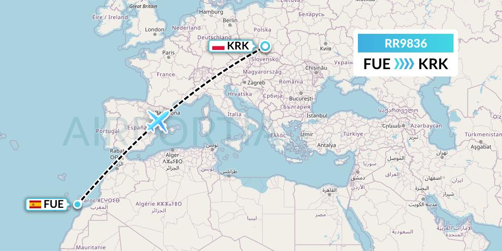 RR9836 Royal Air Force Flight Map: Fuerteventura to Krakow