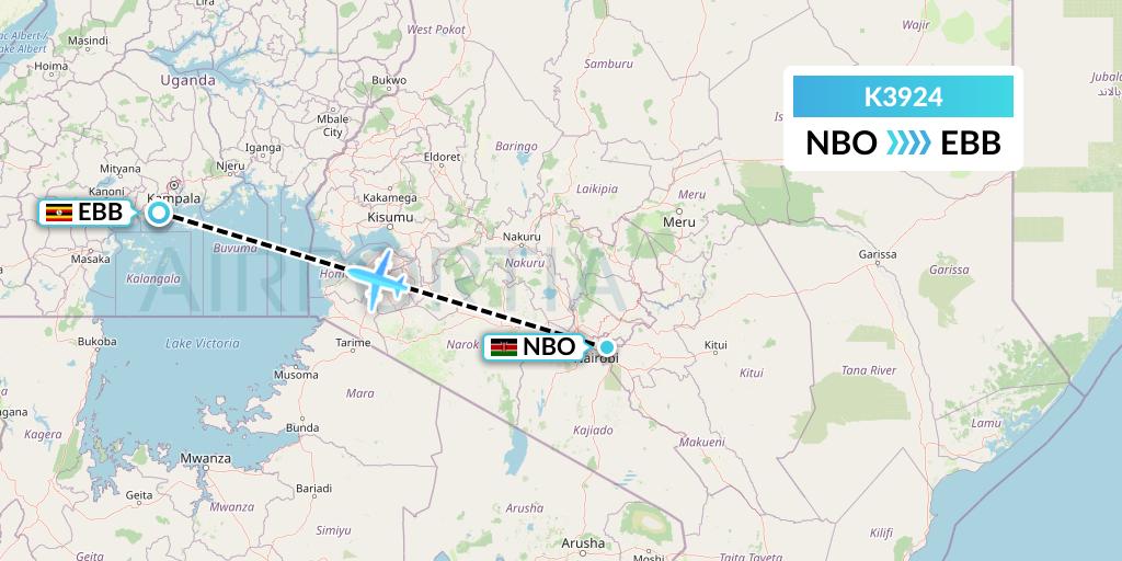 K3924 Taquan Air Flight Map: Nairobi to Entebbe
