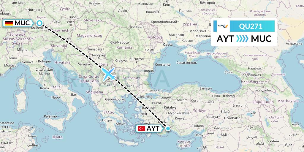 QU271 Azur Air Ukraine Flight Map: Antalya to Munich