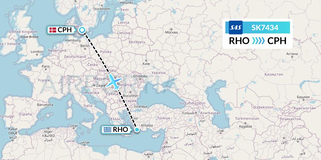 SK7434 SAS Flight Map: Rhodes to Copenhagen