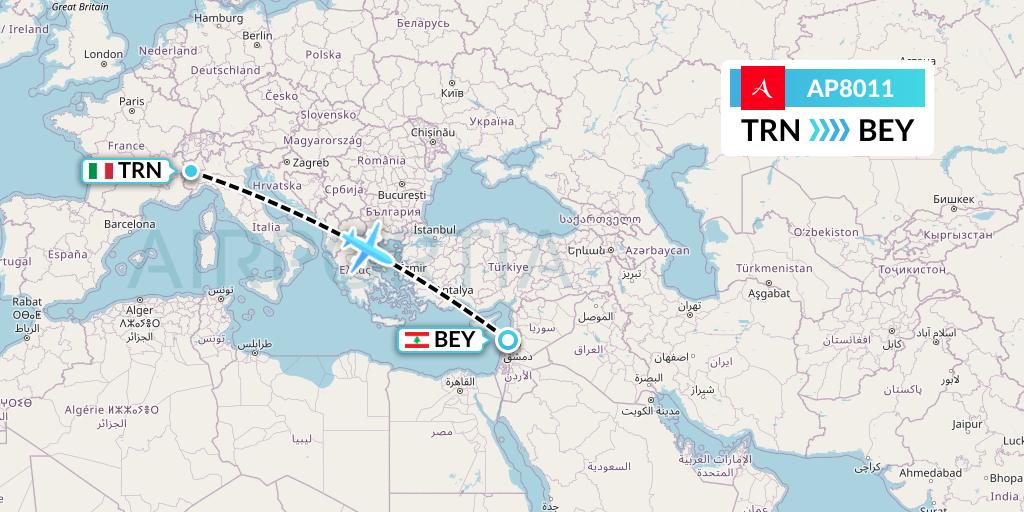 AP8011 AlbaStar Flight Map: Turin to Beirut