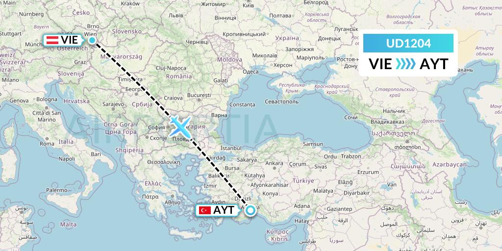UD1204 UR Airlines Flight Map: Vienna to Antalya