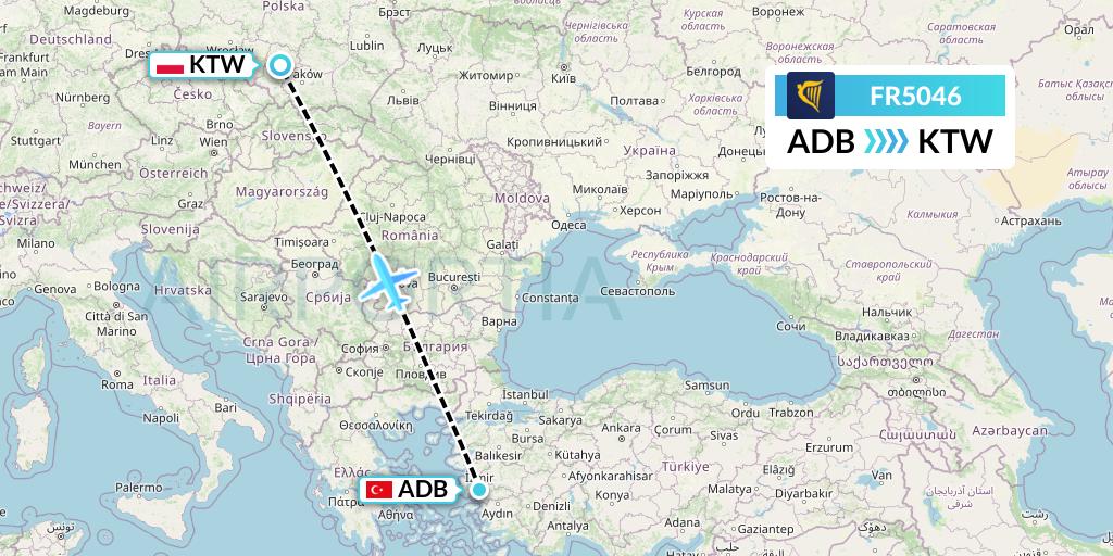 FR5046 Ryanair Flight Map: Izmir to Katowice