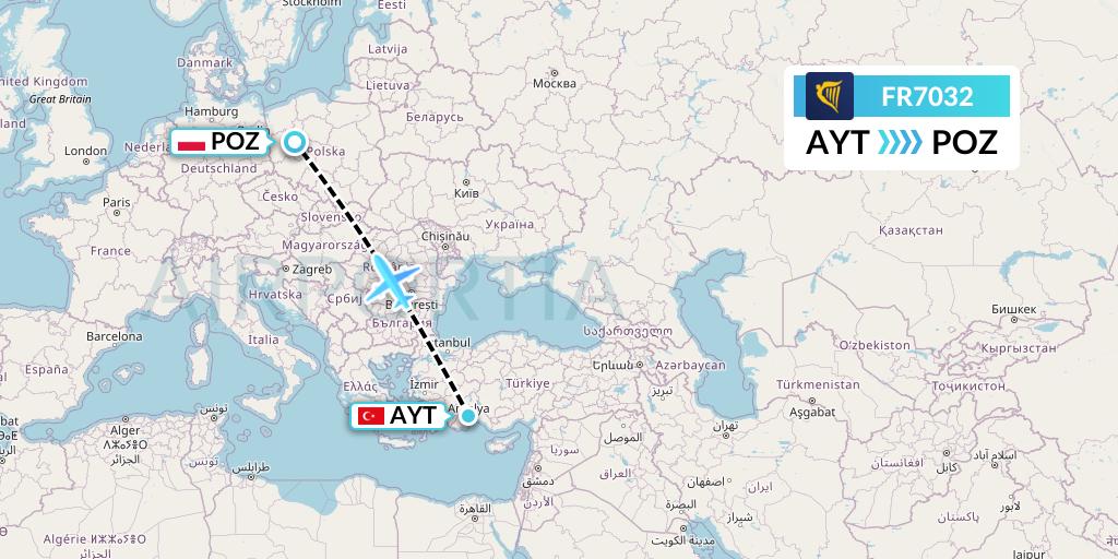 FR7032 Ryanair Flight Map: Antalya to Poznan