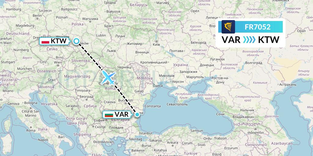 FR7052 Ryanair Flight Map: Varna to Katowice