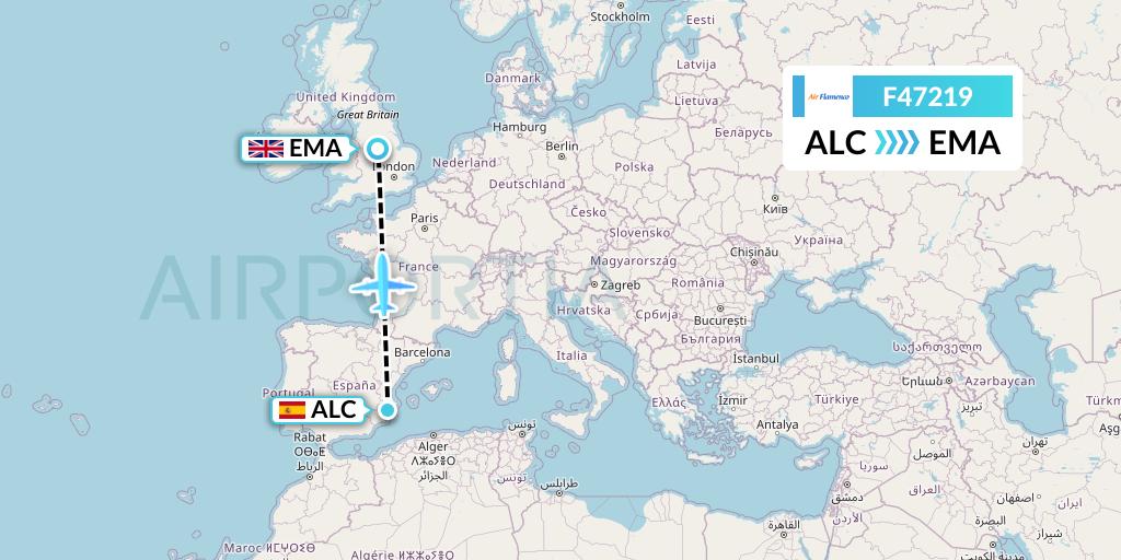 F47219 Air Flamenco Flight Map: Alicante to East Midlands