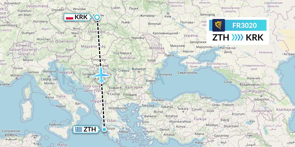 FR3020 Ryanair Flight Map: Zakynthos to Krakow