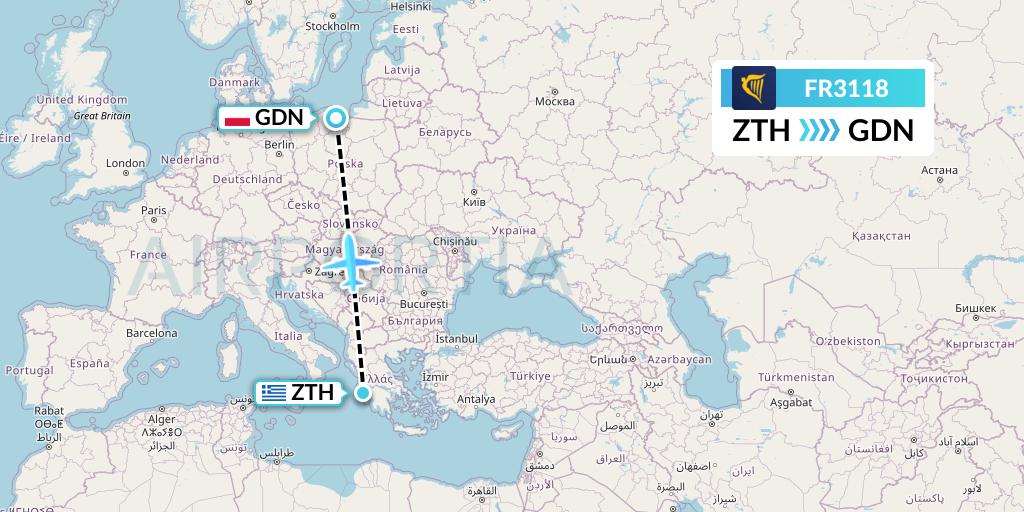 FR3118 Ryanair Flight Map: Zakynthos to Gdansk