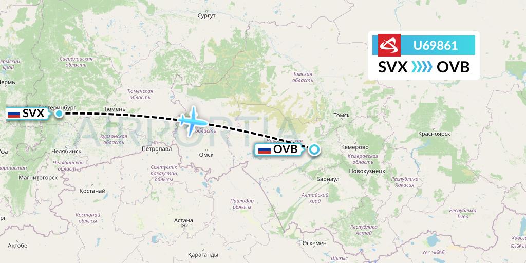 U69861 Ural Airlines Flight Map: Yekaterinburg to Novosibirsk