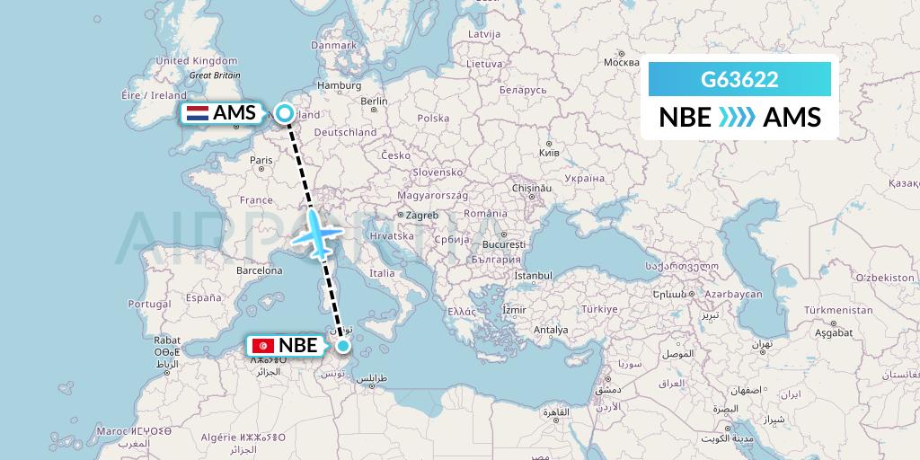 G63622 Fly Arna Flight Map: Enfidha to Amsterdam