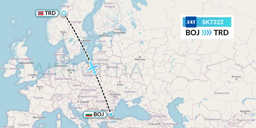 SK7322 SAS Flight Map: Burgas to Trondheim