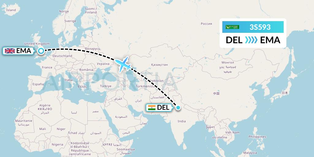 3S593 Air Antilles Express Flight Map: Delhi to East Midlands