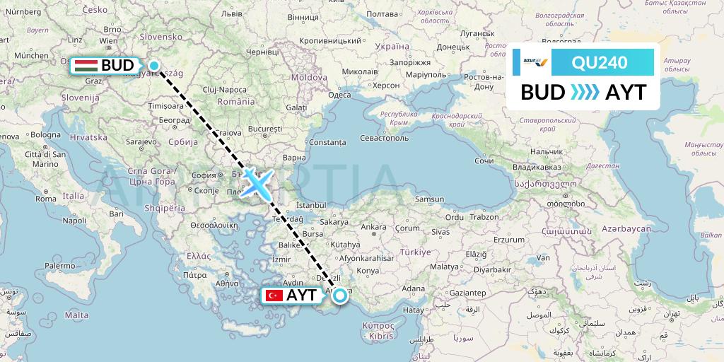 QU240 Azur Air Ukraine Flight Map: Budapest to Antalya