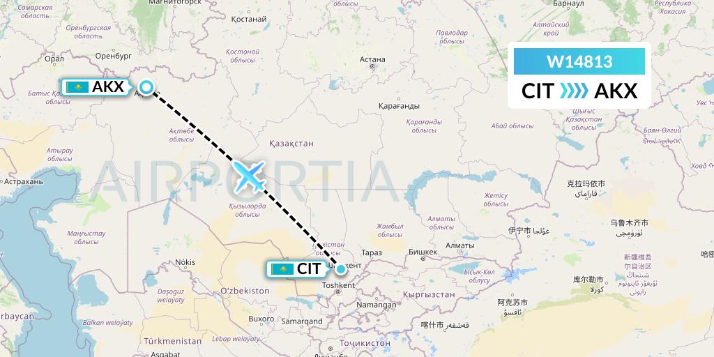 W14813 World Ticket Ltd Flight Map: Shymkent to Aktobe