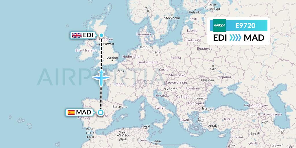 E9720 Evelop Airlines Flight Map: Edinburgh to Madrid