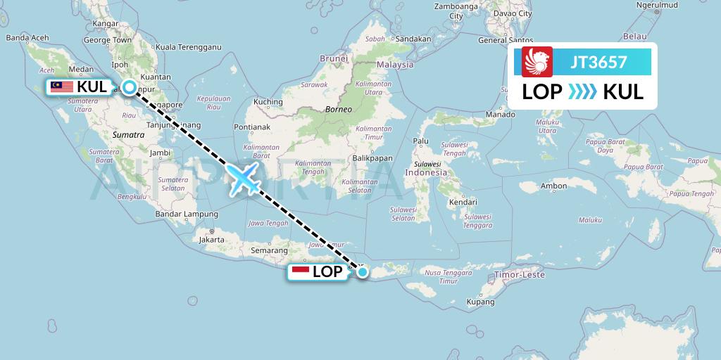 JT3657 Lion Airlines Flight Map: Lombok to Kuala Lumpur