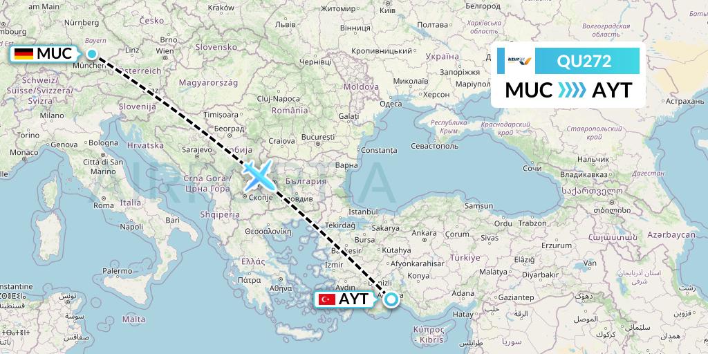 QU272 Azur Air Ukraine Flight Map: Munich to Antalya