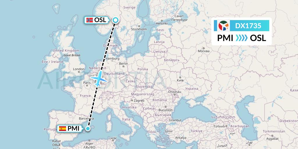 DX1735 Danish Air Transport Flight Map: Palma de Mallorca to Oslo
