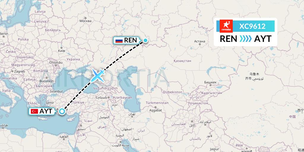 XC9612 Corendon Airlines Flight Map: Orenburg to Antalya